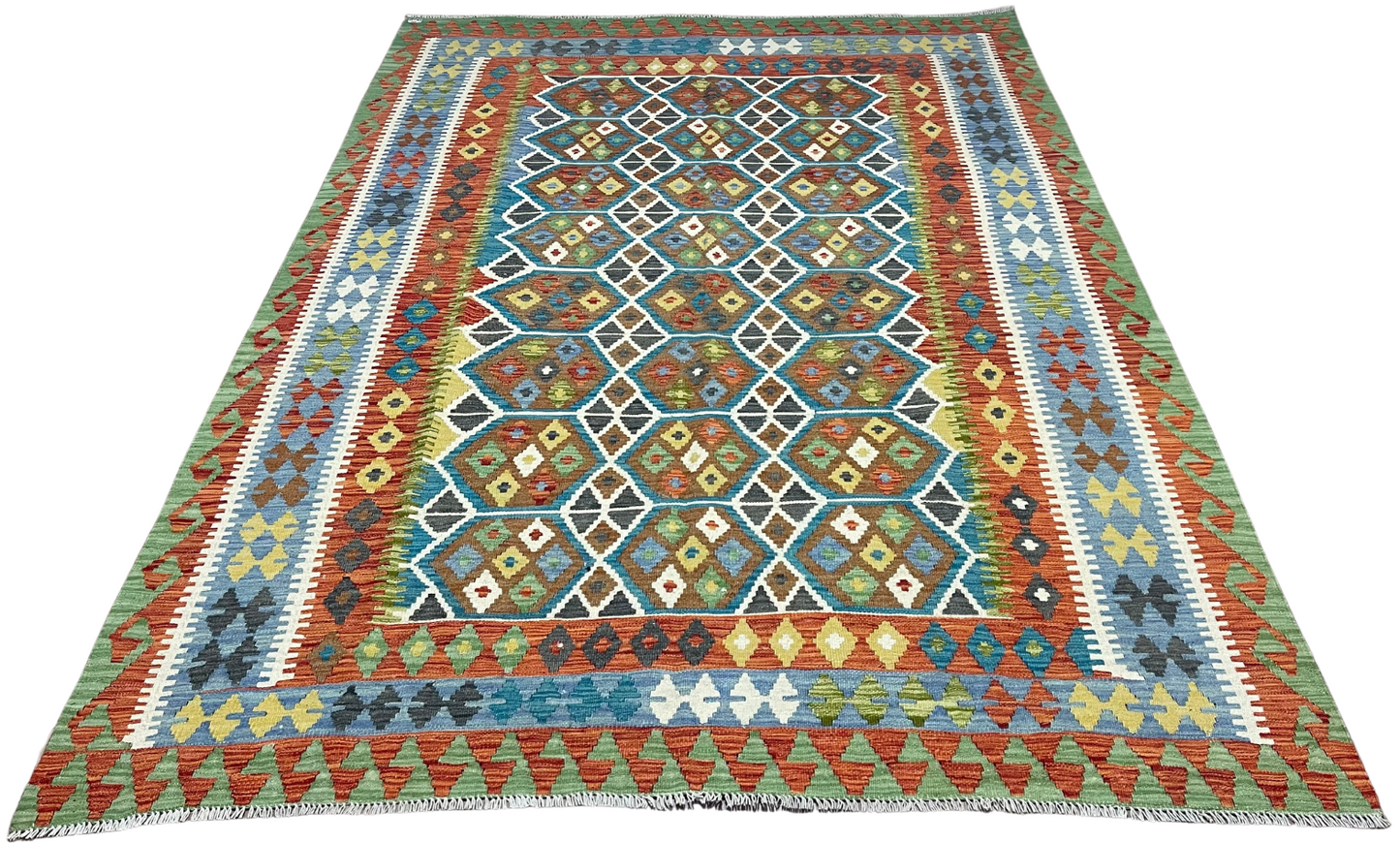 Colorful, Handwoven, Fine Afghan Maimana Kilim - Reversible Area Rug - 9’ 6’’ x 6’ 8’’