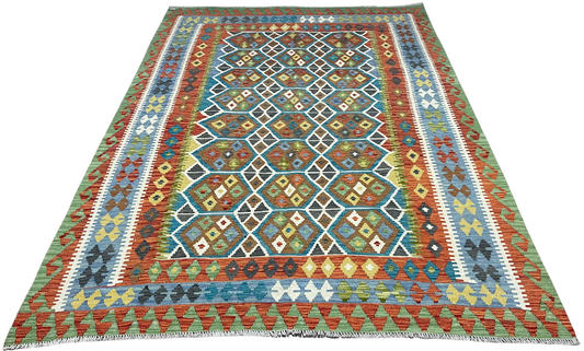 Colorful, Handwoven, Fine Afghan Maimana Kilim - Reversible Area Rug - 9’ 6’’ x 6’ 8’’