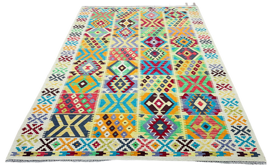 Colorful, Handwoven, Fine Afghan Maimana Kilim - Reversible Area Rug - 9’ 9’’ x 6’ 7’’