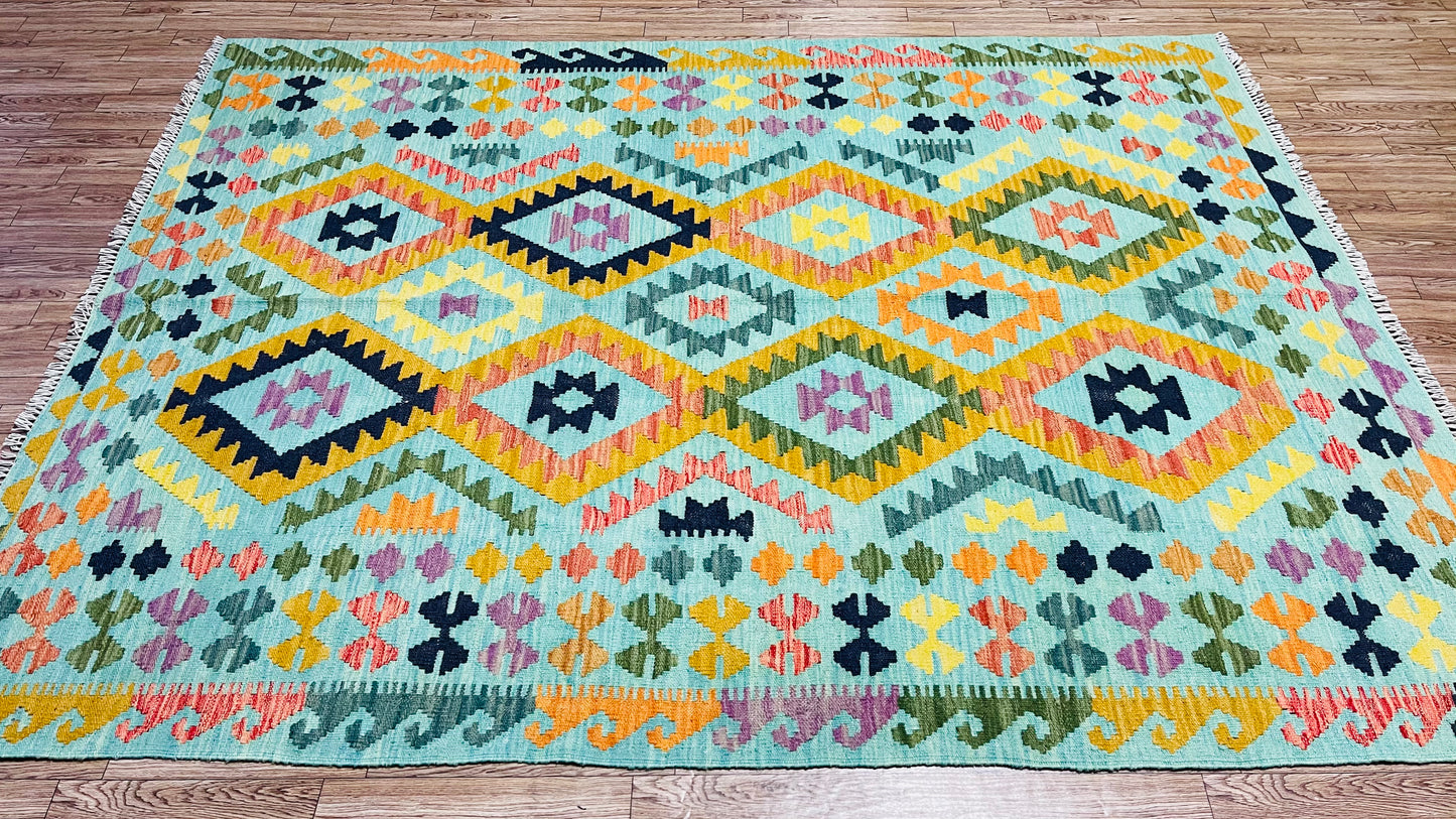 Colorful, Handwoven, Fine Afghan Maimana Kilim - Reversible Area Rug - 6’ 5’’ x 4’ 9’’