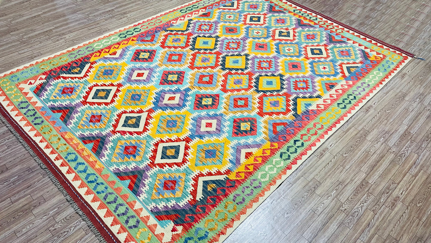 Colorful, Handwoven, Fine Afghan Maimana Kilim - Reversible Area Rug - 9’ 9’’ x 6’ 9’’