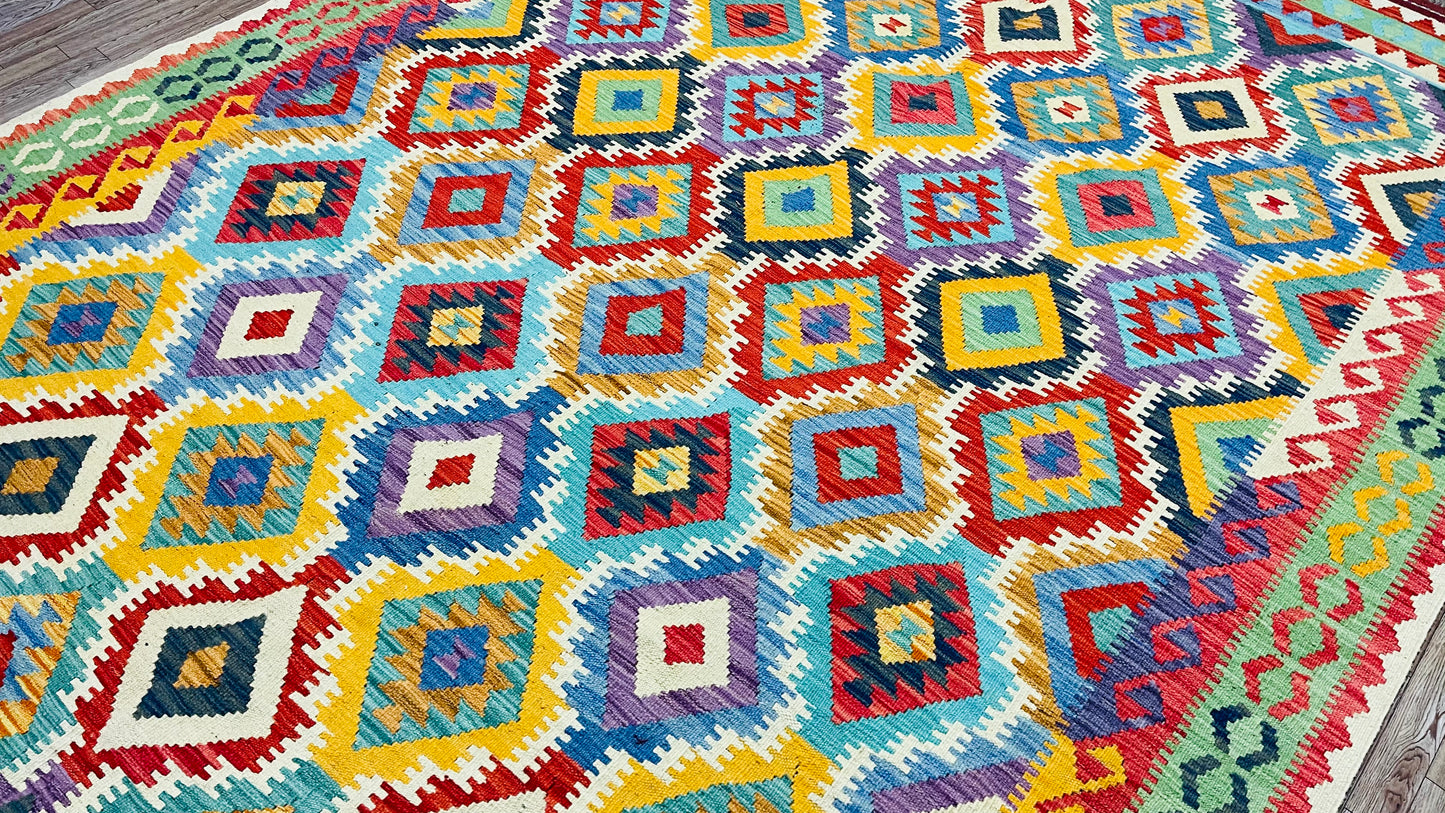 Colorful, Handwoven, Fine Afghan Maimana Kilim - Reversible Area Rug - 9’ 9’’ x 6’ 9’’