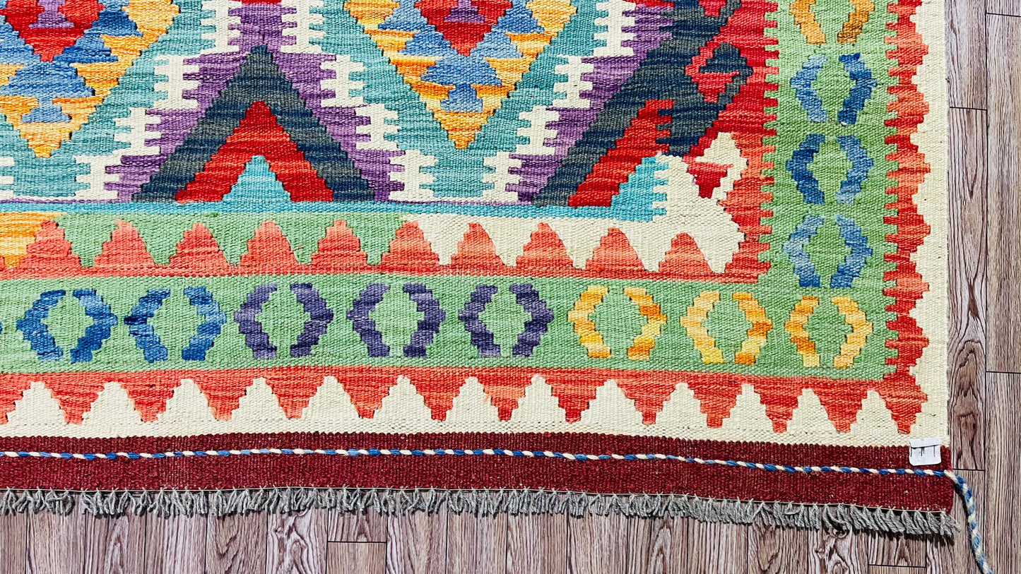 Colorful, Handwoven, Fine Afghan Maimana Kilim - Reversible Area Rug - 9’ 9’’ x 6’ 9’’