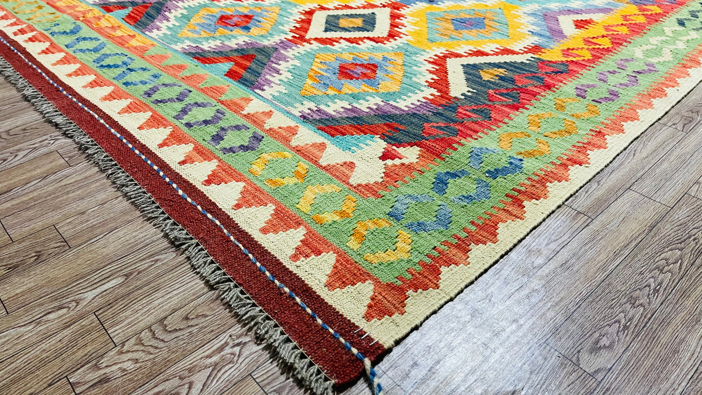 Colorful, Handwoven, Fine Afghan Maimana Kilim - Reversible Area Rug - 9’ 9’’ x 6’ 9’’
