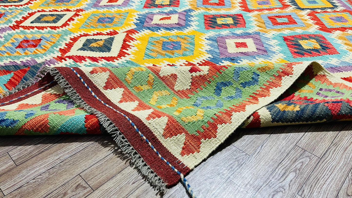 Colorful, Handwoven, Fine Afghan Maimana Kilim - Reversible Area Rug - 9’ 9’’ x 6’ 9’’