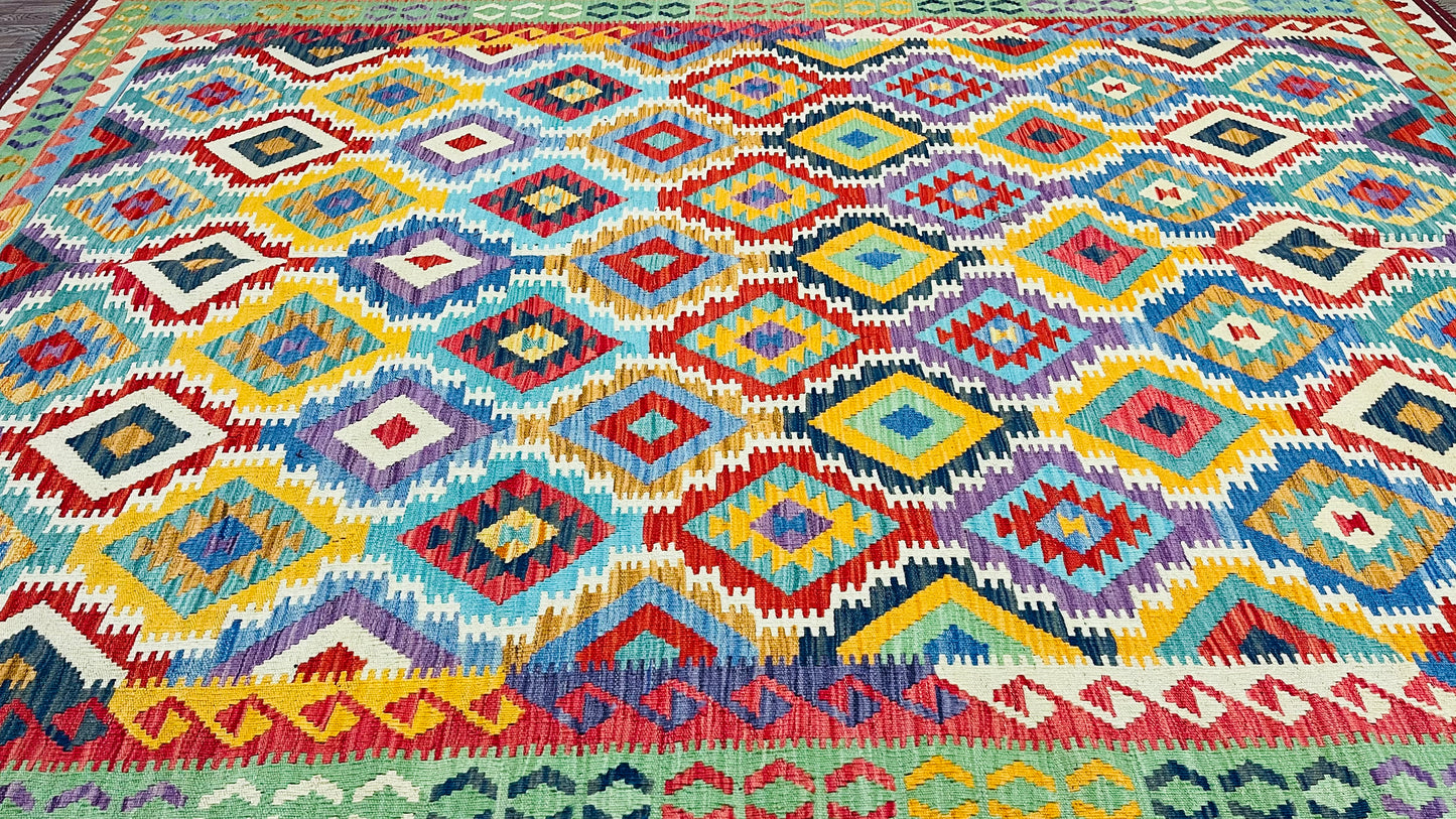 Colorful, Handwoven, Fine Afghan Maimana Kilim - Reversible Area Rug - 9’ 9’’ x 6’ 9’’