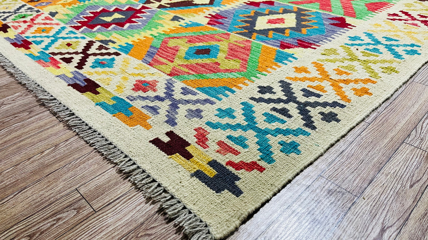 Colorful, Handwoven, Fine Afghan Maimana Kilim - Reversible Area Rug - 9’ 9’’ x 6’ 7’’