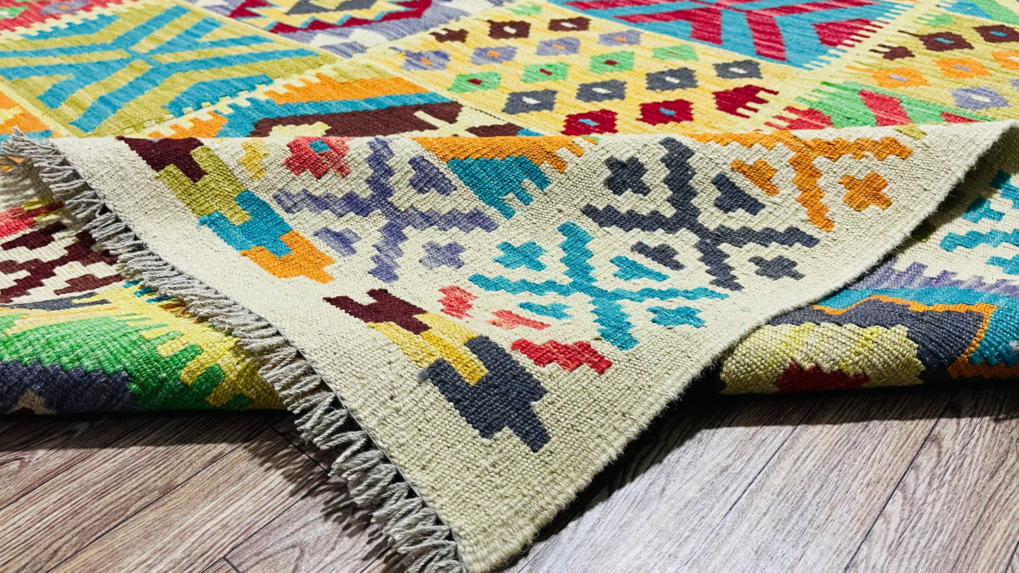 Colorful, Handwoven, Fine Afghan Maimana Kilim - Reversible Area Rug - 9’ 9’’ x 6’ 7’’