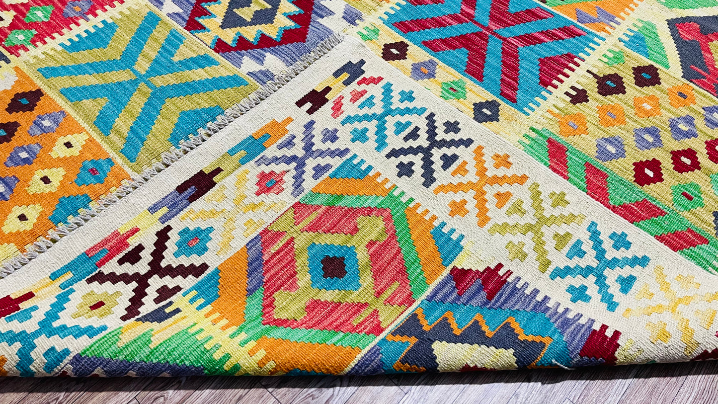 Colorful, Handwoven, Fine Afghan Maimana Kilim - Reversible Area Rug - 9’ 9’’ x 6’ 7’’