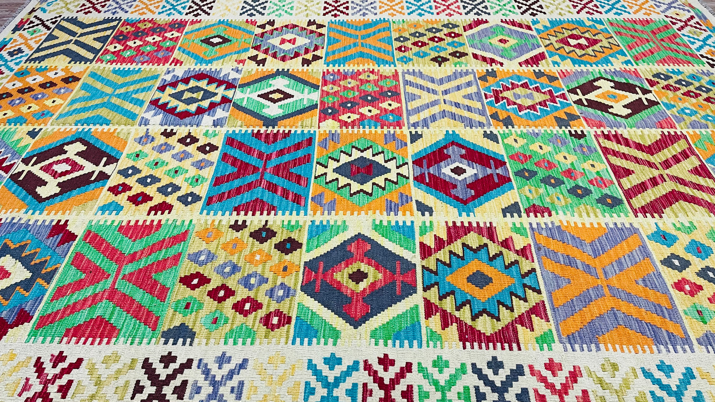 Colorful, Handwoven, Fine Afghan Maimana Kilim - Reversible Area Rug - 9’ 9’’ x 6’ 7’’