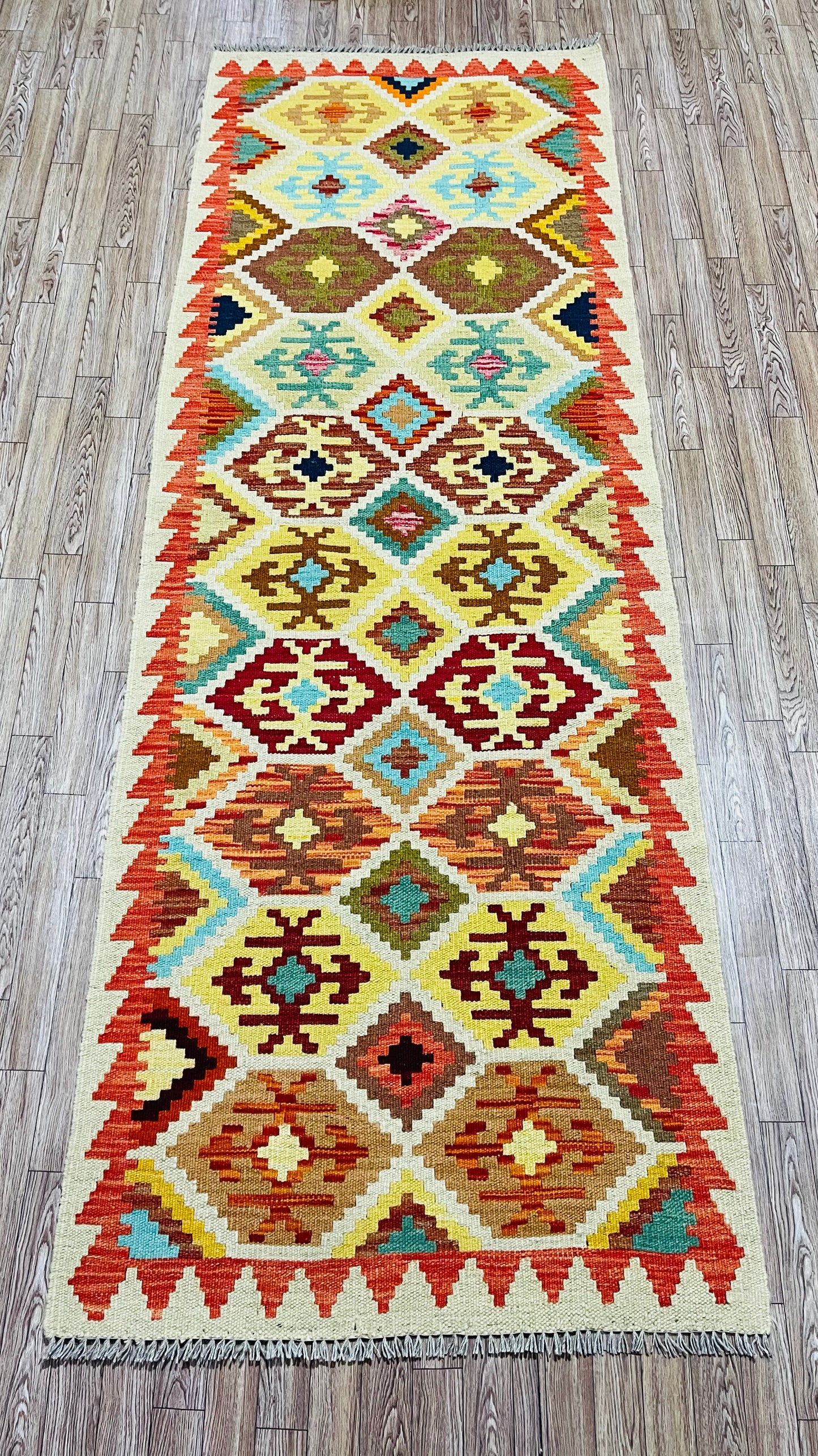 Colorful, Handwoven, Fine Afghan Maimana Kilim - Reversible Runner Rug - 6’ 11’’ x 2’ 5’’