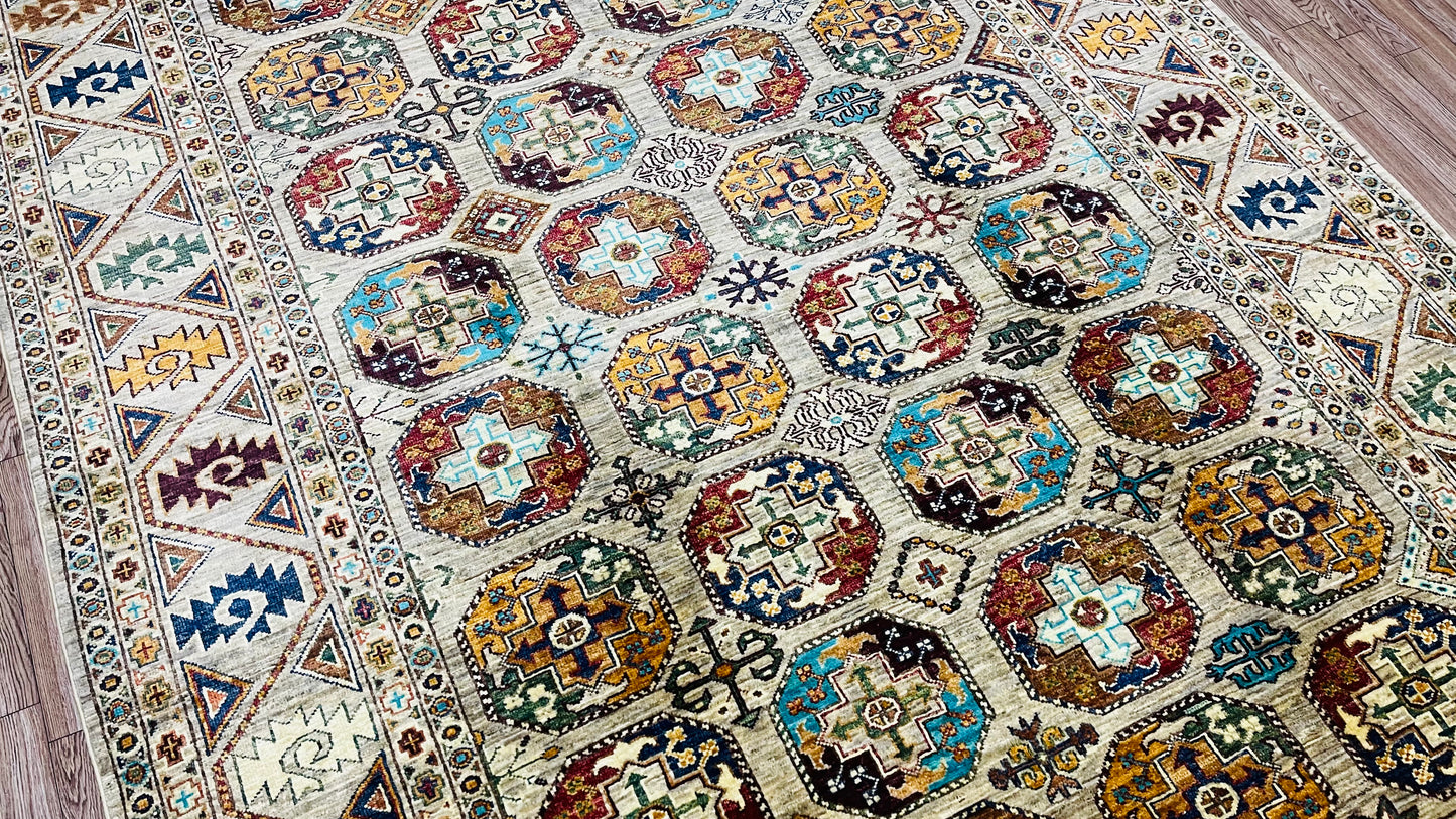 One of a Kind, Pure Wool, Naturally Dyed, Hand Knotted, Fine Afghan Traditional Feel Pai Area Rug – 7’ 5’’ x 5’ 6’’