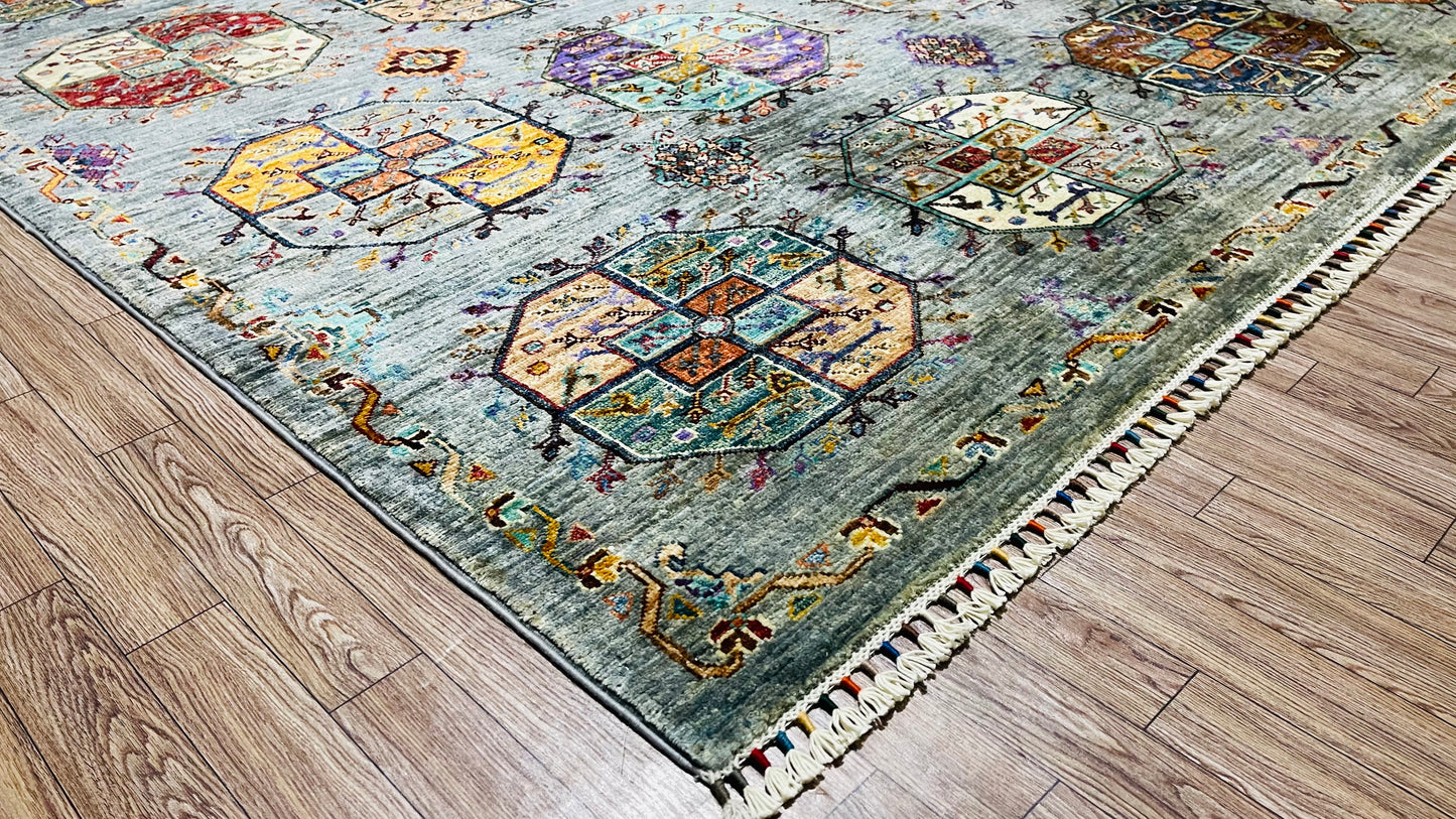 One of a Kind, Pure Wool, Naturally Dyed, Hand Knotted, Fine Afghan Traditional Feel Pai Area Rug - 8’ 10’’ x 6’ 1’’