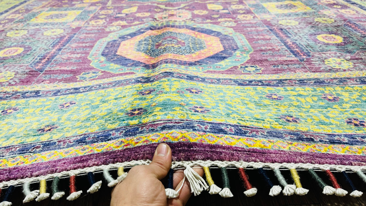 One of a Kind, Pure Wool, Naturally Dyed, Hand Knotted, Fine Afghan Tribal Mamluk Area Rug – 9’ 8’’ x 7’ 3’’