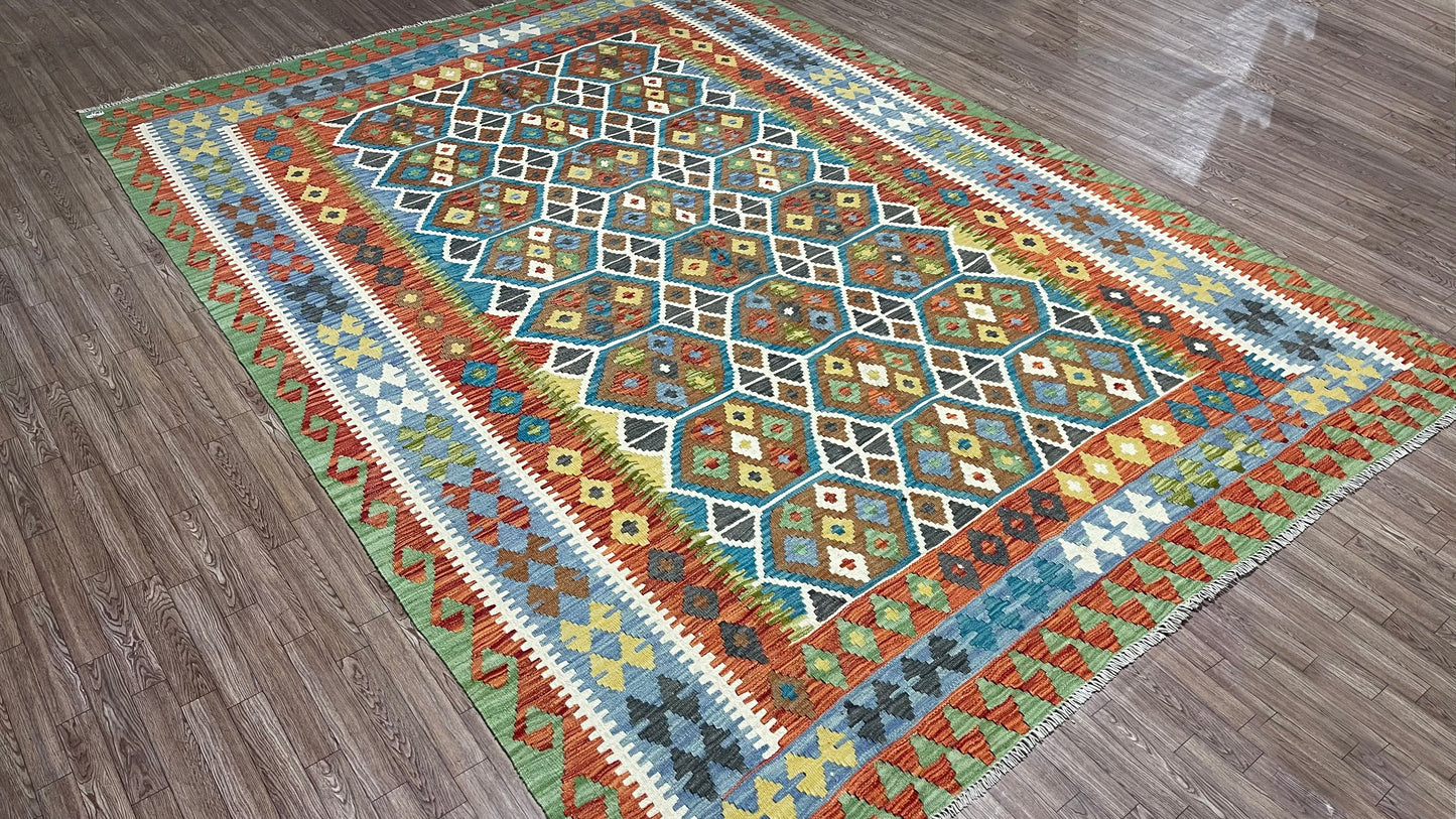 Colorful, Handwoven, Fine Afghan Maimana Kilim - Reversible Area Rug - 9’ 6’’ x 6’ 8’’