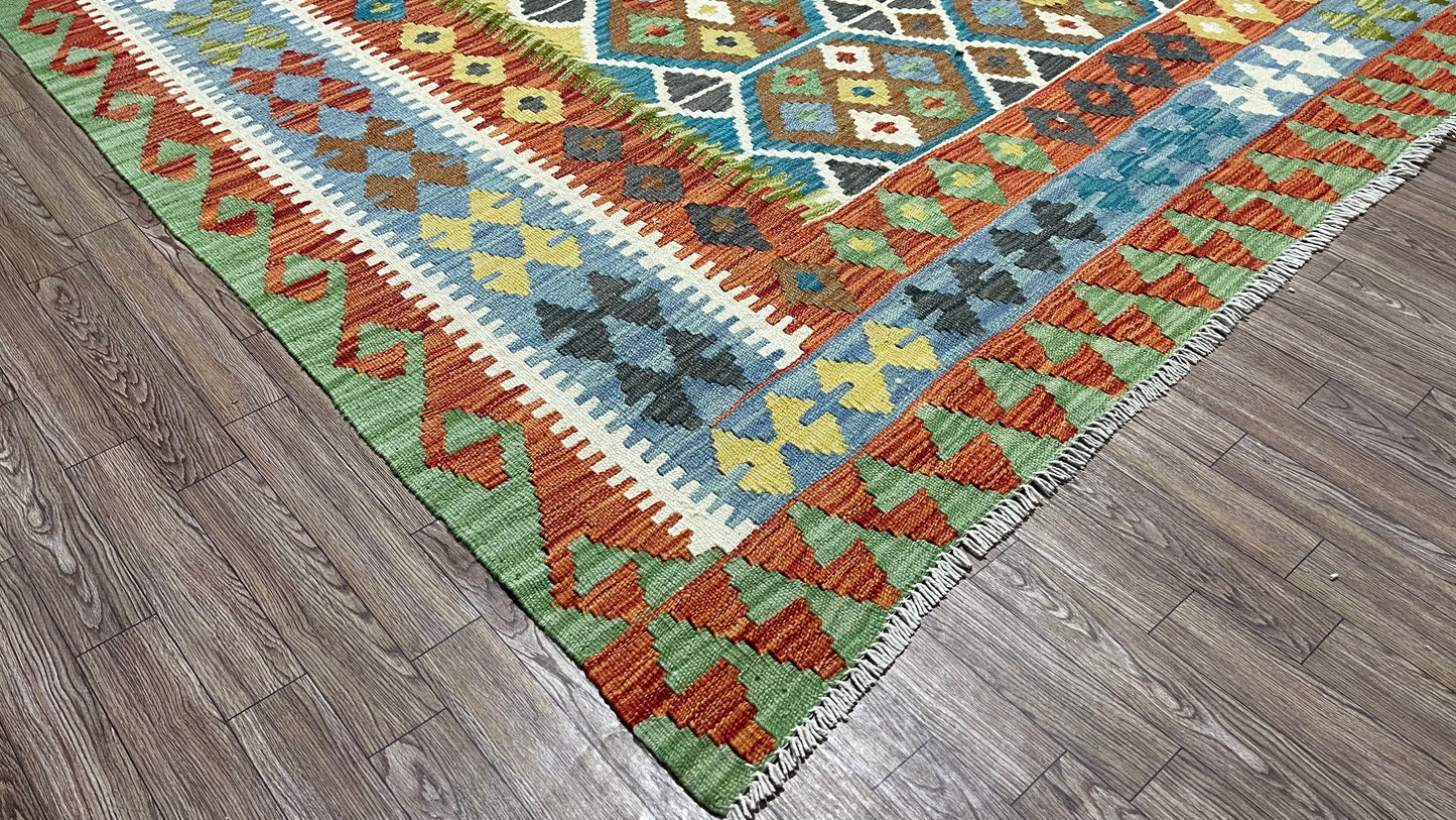 Colorful, Handwoven, Fine Afghan Maimana Kilim - Reversible Area Rug - 9’ 6’’ x 6’ 8’’