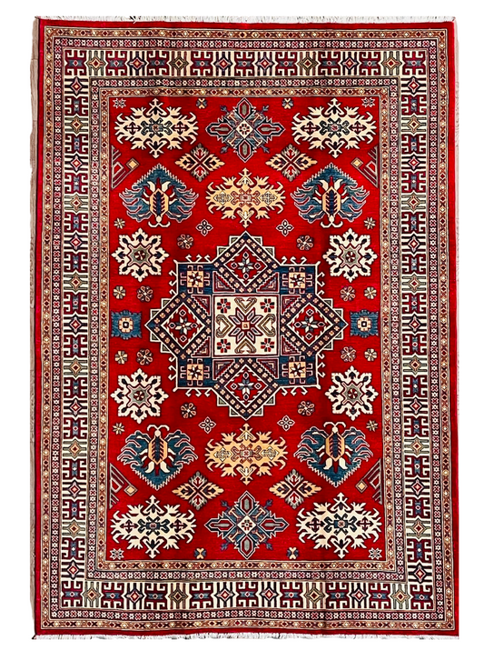 Pure Wool, Naturally Dyed, Hand Knotted, Fine Afghan Traditional Kazak Area Rug – 9’ 5’’ x 6’ 5’’