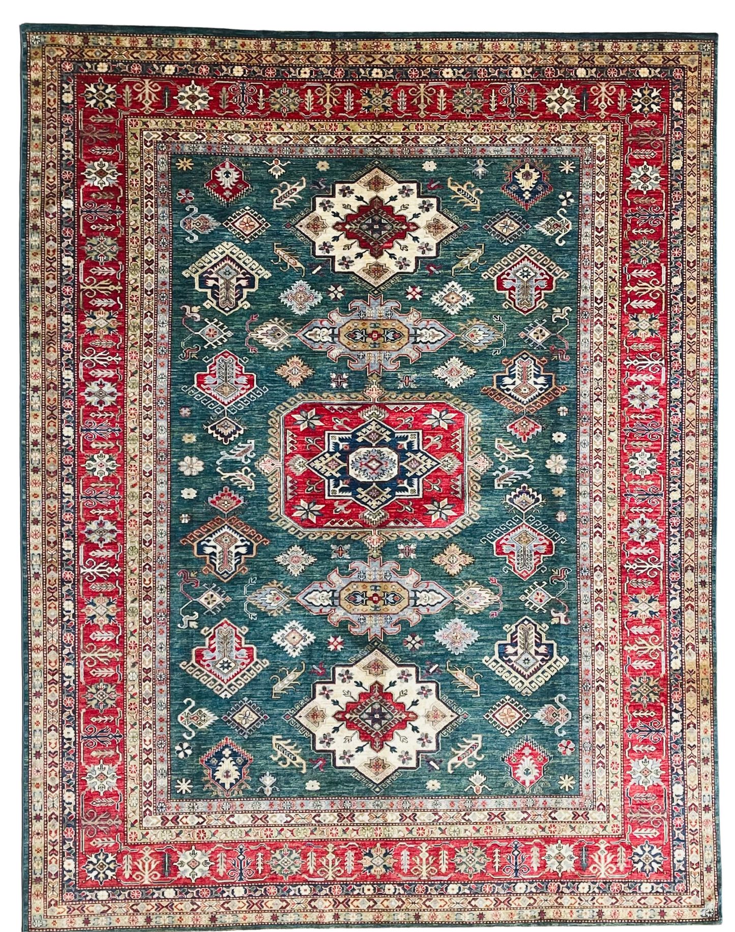 One of a Kind, Pure Wool, Naturally Dyed, Hand Knotted, Fine Afghan Super Kazak Area Rug – 11’ 11’’ x 9’ 4’’