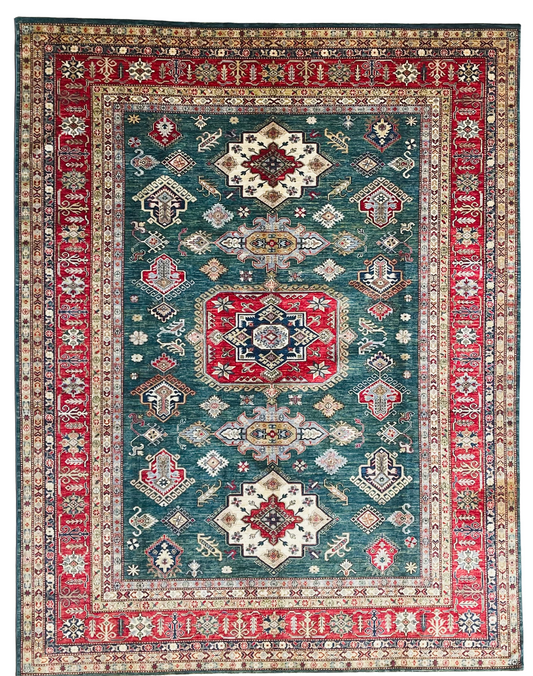 One of a Kind, Pure Wool, Naturally Dyed, Hand Knotted, Fine Afghan Super Kazak Area Rug – 11’ 11’’ x 9’ 4’’