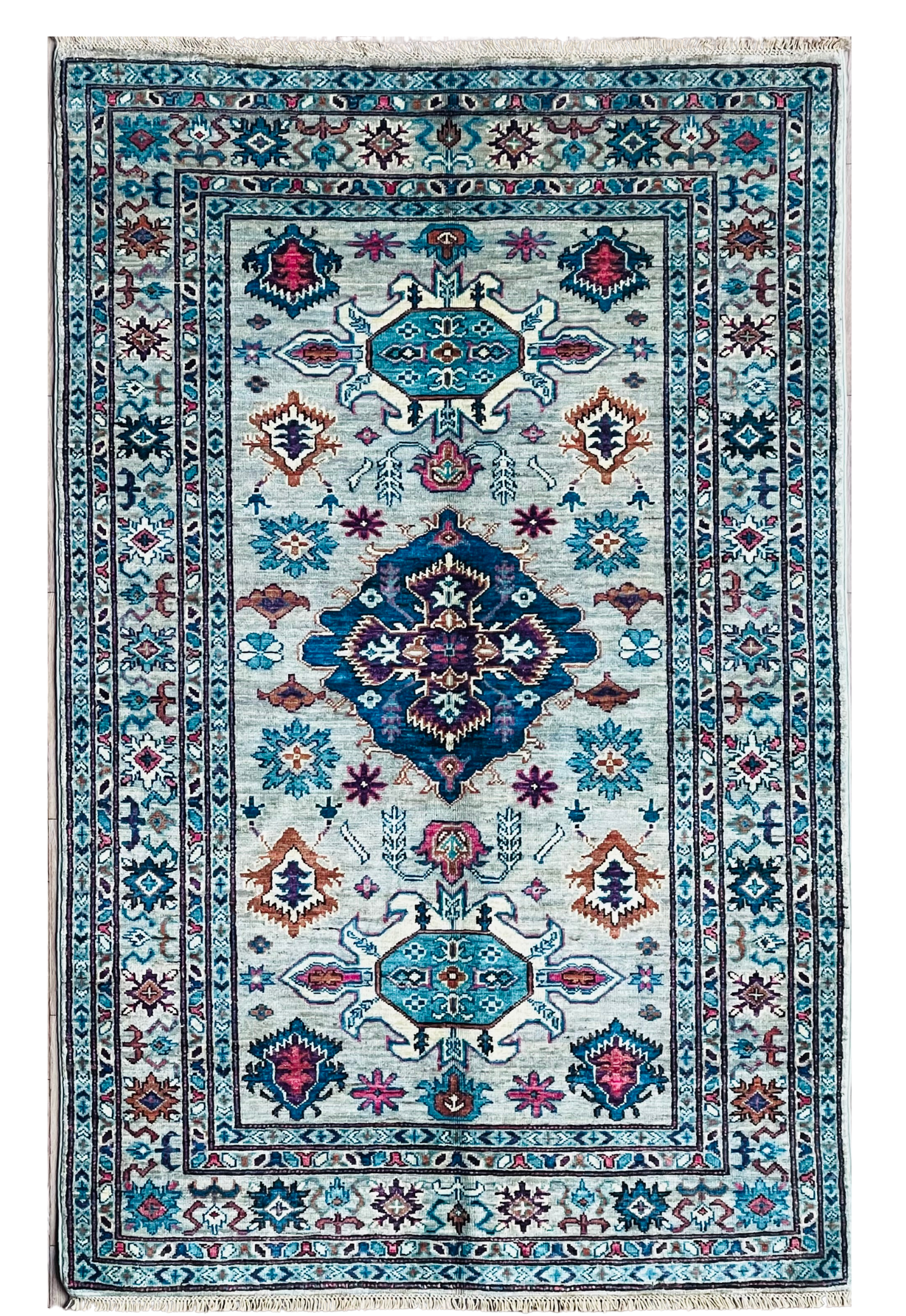 One of a Kind, Pure Wool, Naturally Dyed, Hand Knotted, Fine Afghan Super Kazak Area Rug – 6’ 0’’ x 3’ 10’’