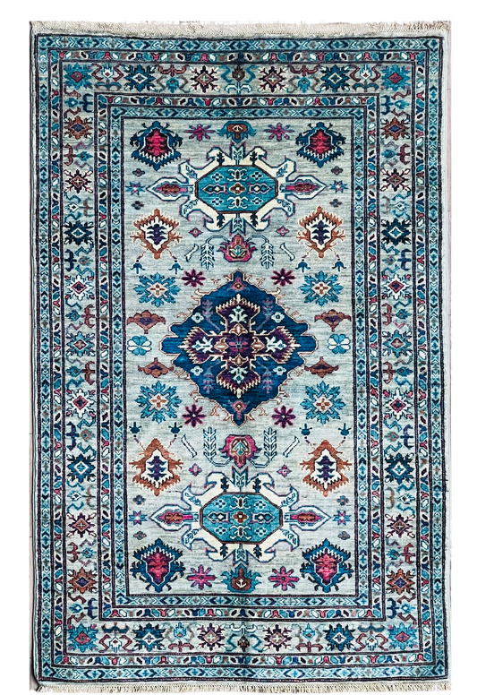 One of a Kind, Pure Wool, Naturally Dyed, Hand Knotted, Fine Afghan Traditional Super Kazak Area Rug – 5’ 11’’ x 3’ 10’’