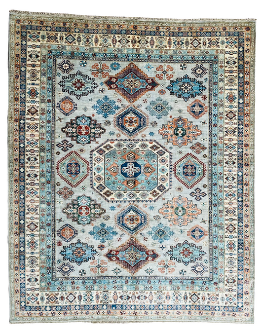 One of a Kind, Pure Wool, Naturally Dyed, Hand Knotted, Fine Afghan Traditional Super Kazak Area Rug – 10’ 11’’ x 9’ 1’’