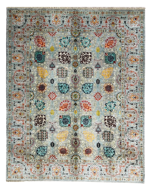 One of a kind, Pure Wool, Naturally Dyed, Hand Knotted, Fine Afghan Traditional Tabriz Area Rug – 9’ 12’’ x 8’ 1’’