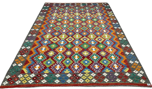 Colorful, Handwoven, Fine Afghan Maimana Kilim -Reversible Area Rug - 10’ 0’’ x 6’ 7’’