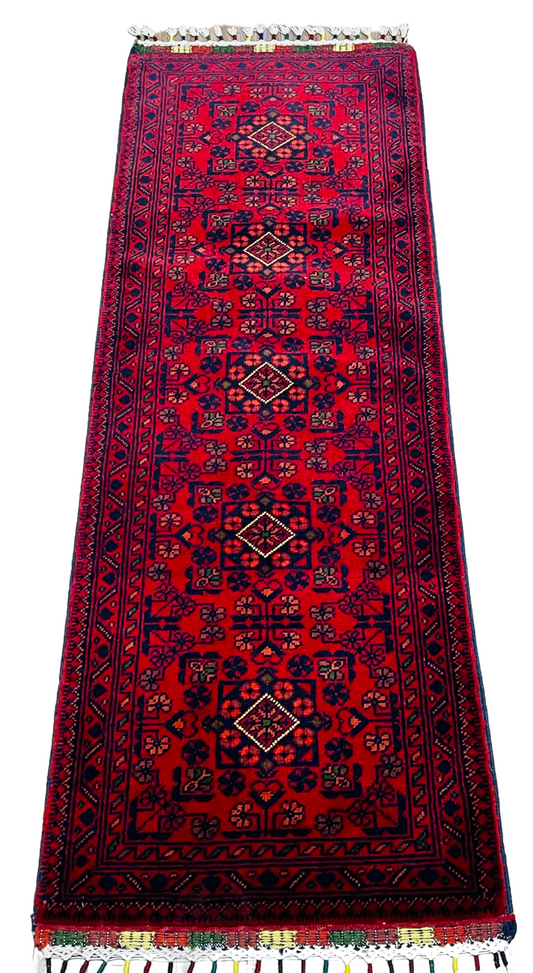 Pure Wool, Naturally Dyed, Hand Knotted, Fine Afghan Traditional Khal Mohammadi Runner Rug - 5' 1'' x 1' 8''