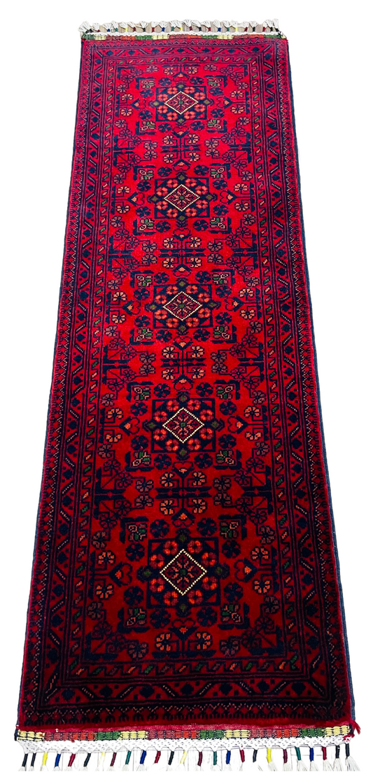 Pure Wool, Naturally Dyed, Hand Knotted, Fine Afghan Traditional Khal Mohammadi Runner Rug - 5' 1'' x 1' 8''