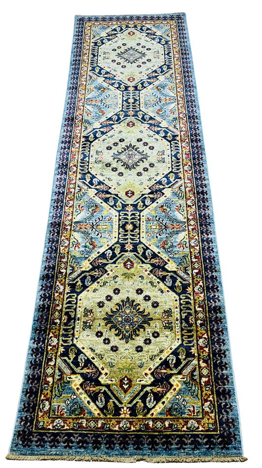 Pure Wool, Naturally Dyed, Hand Knotted, Fine Afghan Traditional Chobi Runner Rug - 9' 11'' x 2' 10''