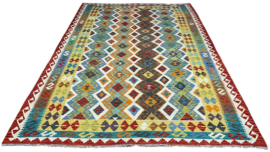 Colorful, Handwoven, Fine Afghan Maimana Kilim - Reversible Area Rug - 9’ 12’’ x 6’ 7’’