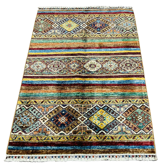 3x4 Khorjin Area Rug striped Afghan Hand Knotted Geometric Oriental Natural  Wool Rug Office Rug Kitchen Rug kids Room Rug Foyer Rug 