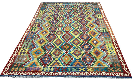 Colorful, Handwoven, Fine Afghan Maimana Kilim -Reversible Area Rug - 9’ 8’’ x 6’ 9’’