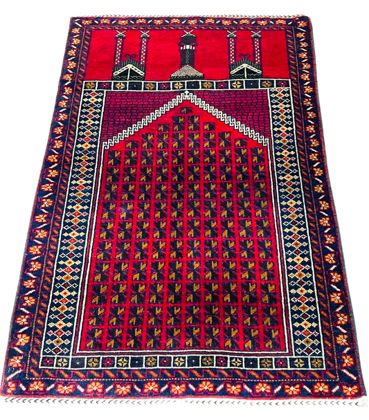 Pure Wool, Naturally Dyed, Hand Knotted, Fine Afghan Traditional Prayer Area Rug – 4’ 6’’ x 2’ 9’’