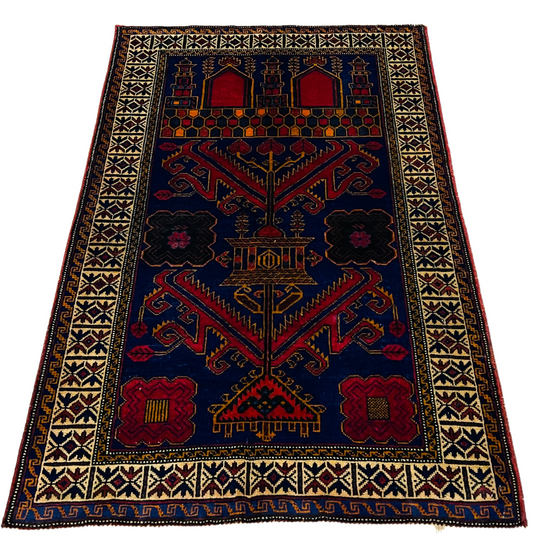 Pure Wool, Naturally Dyed, Hand Knotted, Fine Afghan Traditional Prayer Area Rug – 4’ 6’’ x 2’ 9’’