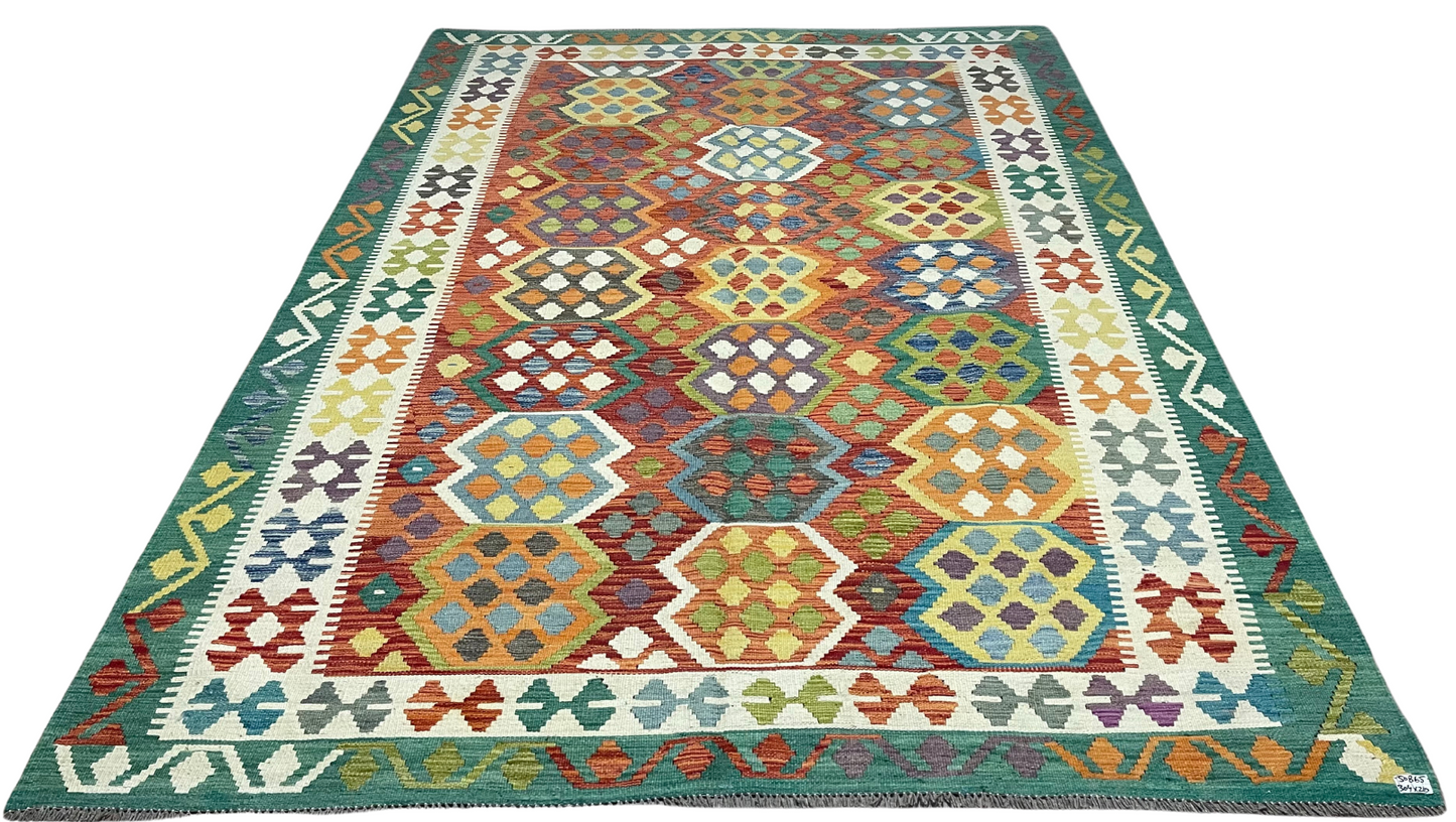 Colorful, Handwoven, Fine Afghan Maimana Kilim - Reversible Area Rug - 9’ 12’’ x 6’ 11’’