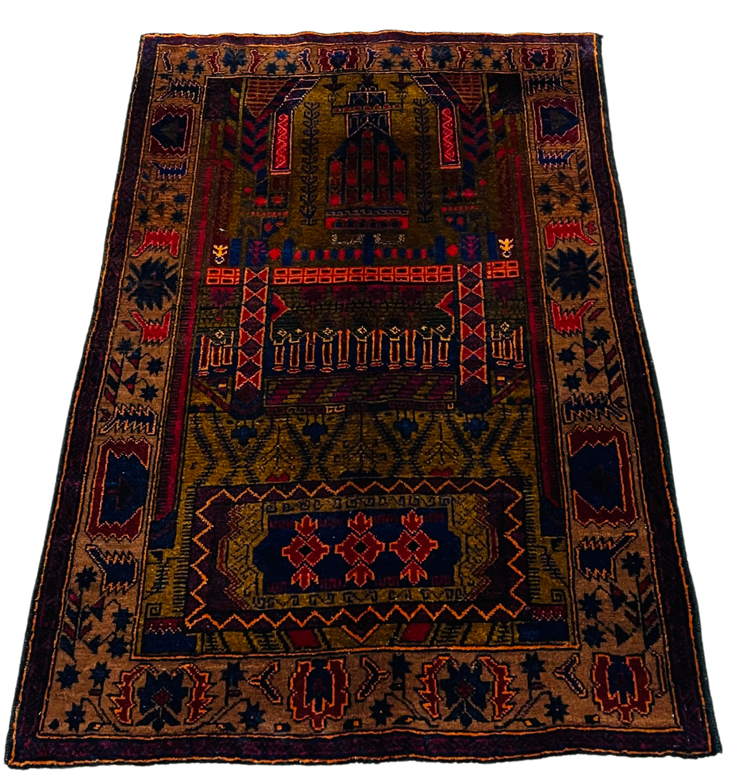 Pure Wool, Naturally Dyed, Hand Knotted, Fine Afghan Traditional Prayer Area Rug – 4’ 5’’ x 2’ 9’’