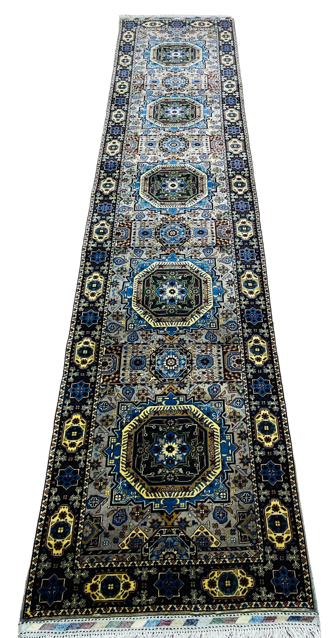 One of a Kind, Pure Wool, Naturally Dyed, Hand Knotted, Fine Afghan Tribal Mamluk Runner Rug – 12’ 8’’ x 2’ 9’’