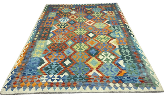 Colorful, Handwoven, Fine Afghan Maimana Kilim -Reversible Area Rug - 9’ 7’’ x 6’ 9’’