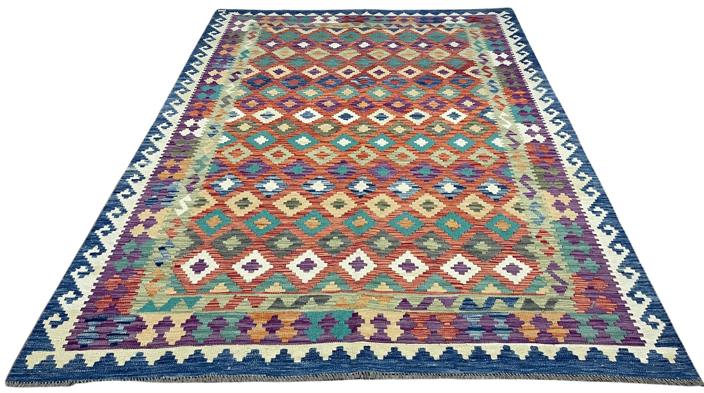 Colorful, Handwoven, Fine Afghan Maimana Kilim -Reversible Area Rug - 9’ 9’’ x 6’ 7’’