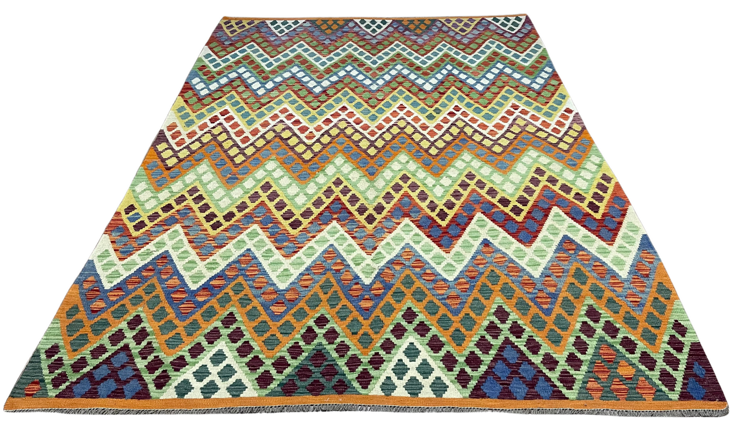 Colorful, Handwoven, Fine Afghan Maimana Kilim - Reversible Area Rug - 9’ 9’’ x 6’ 7’’