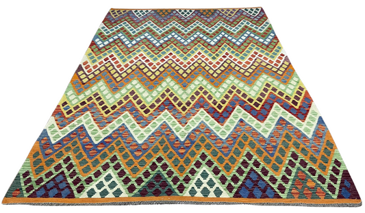 Colorful, Handwoven, Fine Afghan Maimana Kilim - Reversible Area Rug - 9’ 9’’ x 6’ 7’’