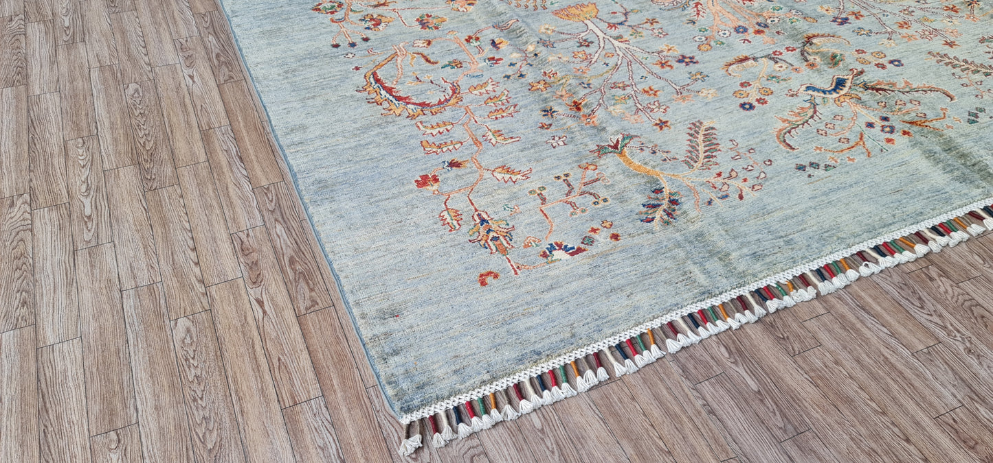 One of a Kind, Pure Wool, Naturally Dyed, Hand Knotted, Fine Afghan Traditional Chobi Area Rug - 9’ 8’’ x 6’ 10’’