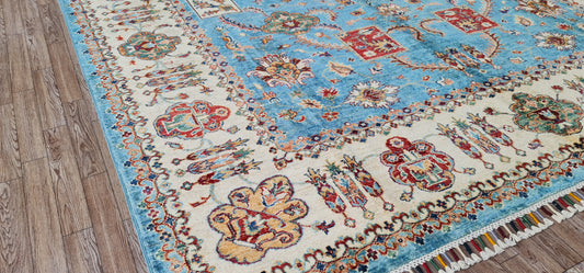 One of a Kind, Pure Wool, Naturally Dyed, Hand Knotted, Fine Afghan Traditional Chobi Area Rug – 9’ 6’’ x 6’ 10’’