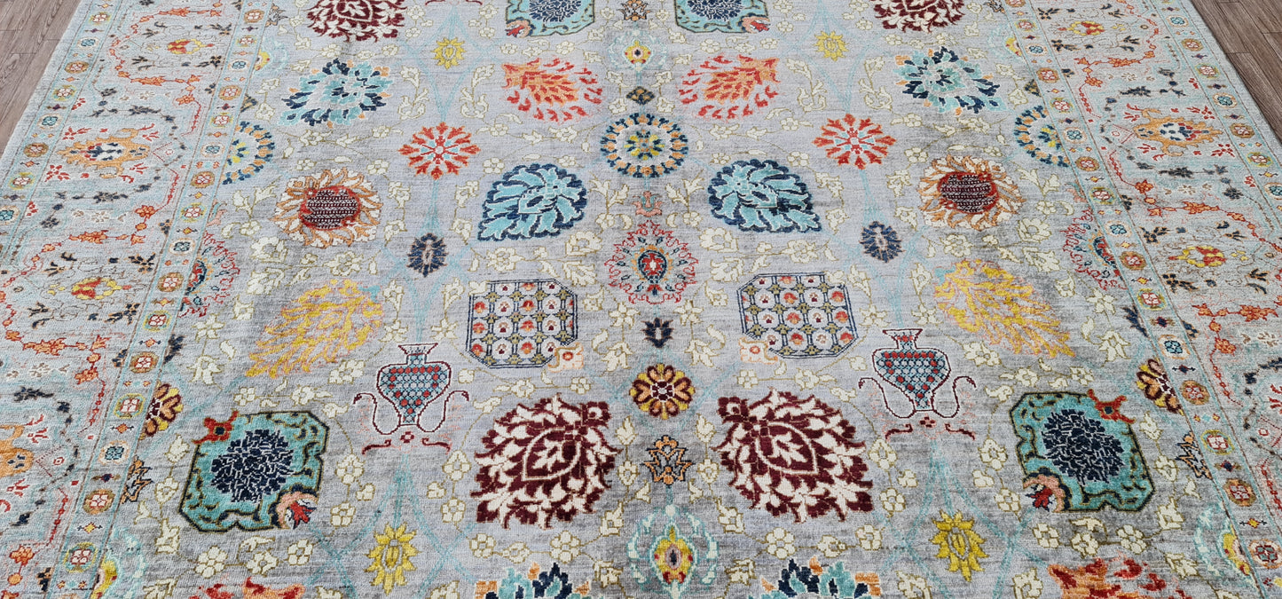 One of a kind, Pure Wool, Naturally Dyed, Hand Knotted, Fine Afghan Traditional Tabriz Area Rug – 9’ 12’’ x 8’ 1’’