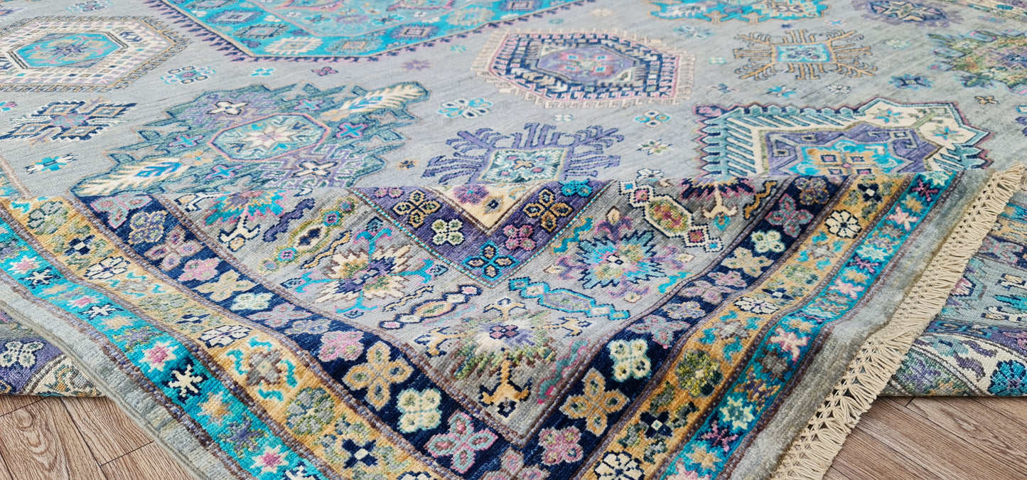 One of a Kind, Pure Wool, Naturally Dyed, Hand Knotted, Fine Afghan Traditional Super Kazak Area Rug – 12’ 7’’ x 8’ 11’’