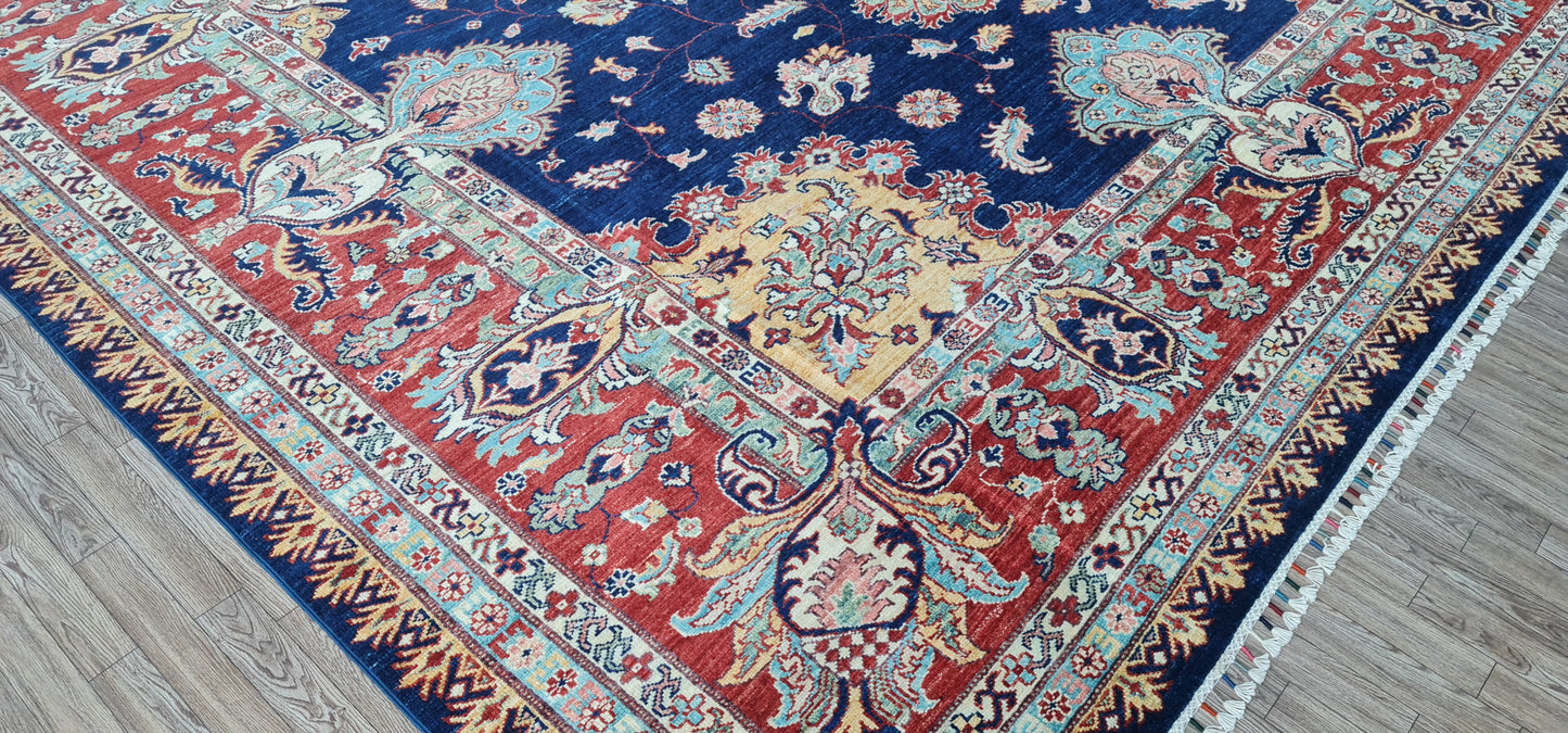 One of a Kind, Pure Wool, Naturally Dyed, Hand Knotted, Fine Afghan Super Kazak Area Rug – 11’ 10’’ x 9’ 2’’