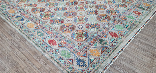 One of a Kind, Pure Wool, Naturally Dyed, Hand Knotted, Fine Afghan Traditional Feel Pai Area Rug – 9’ 12’’ x 8’ 0’’