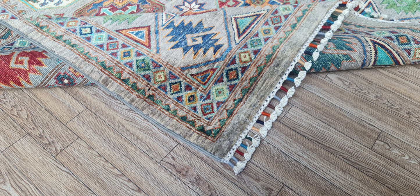 One of a Kind, Pure Wool, Naturally Dyed, Hand Knotted, Fine Afghan Traditional Feel Pai Area Rug – 9’ 12’’ x 8’ 0’’